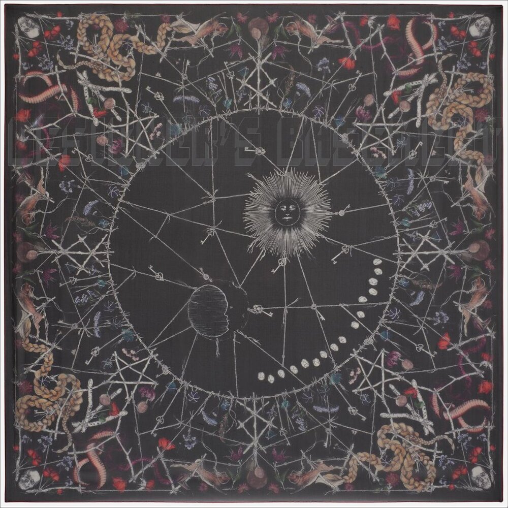 ALEXANDER MCQUEEN black Moon Sun Keys DEVIL TRAP silk chiffon 52"-sq scarf shawl